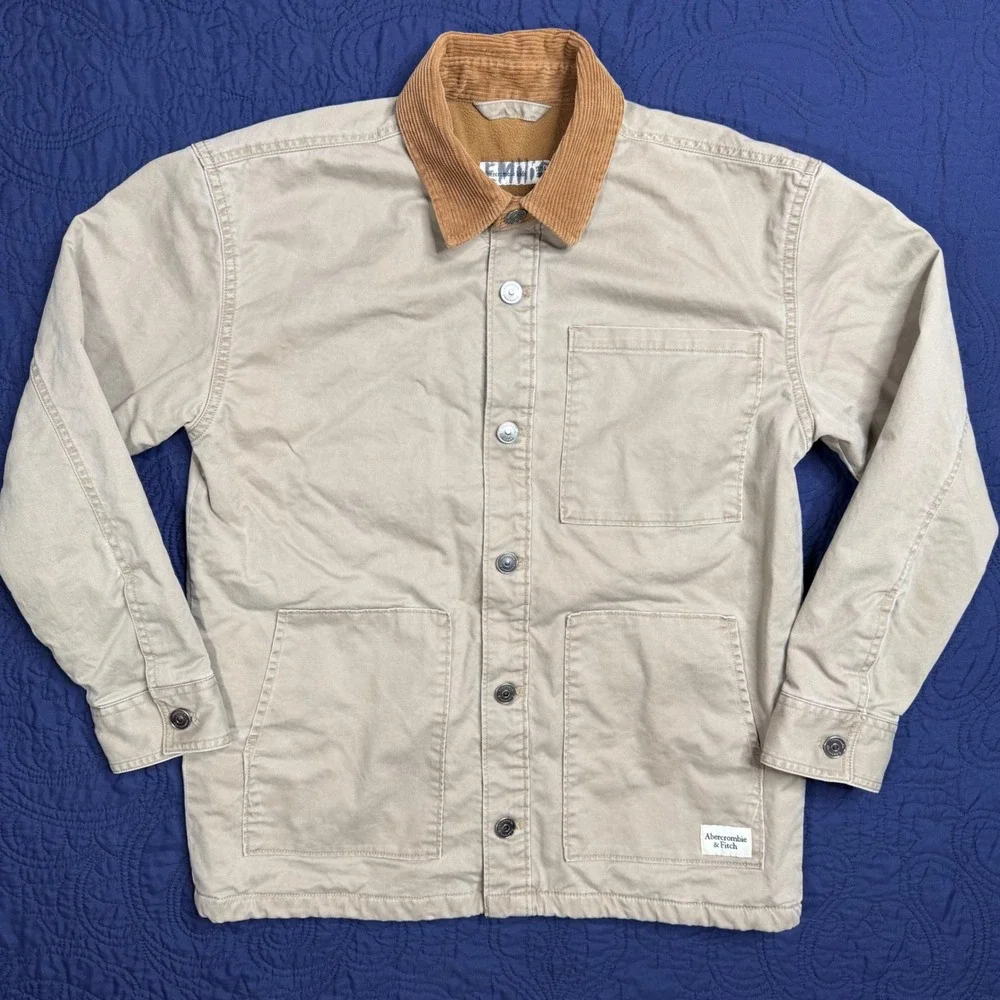 Abercrombie Kids Tan Canvas‎ Chore Jacket Fleece Lined Corduroy Collar 13/14